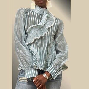 NEW Victorian Chic Button front Striped Ruffle Blouse sz L